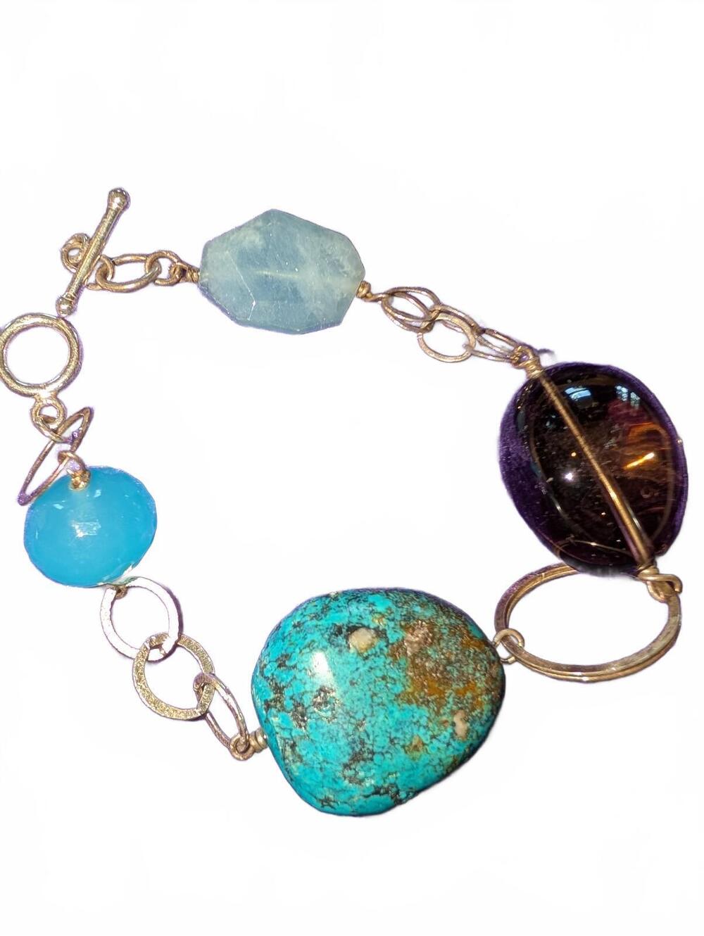 Multicolor Natural Stone Link Bracelet with Toggle Clasp